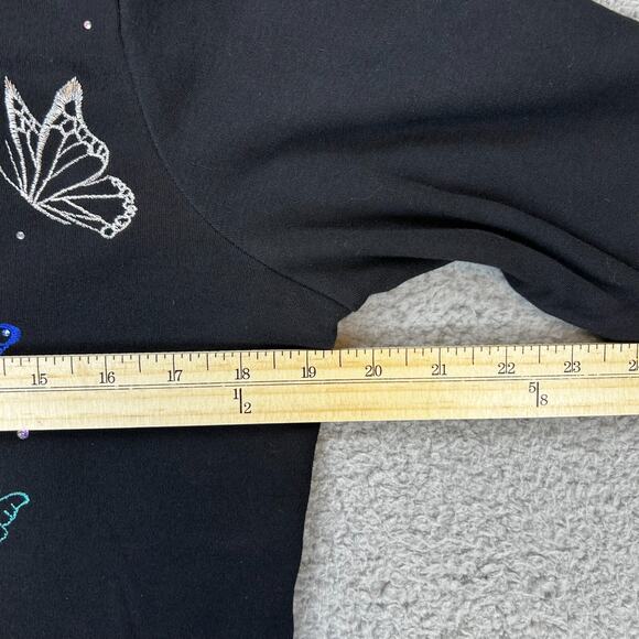 Quacker Factory Short Sleeve Pullover Shirt Black Blue Butterflies Size XS - Picture 4 of 8